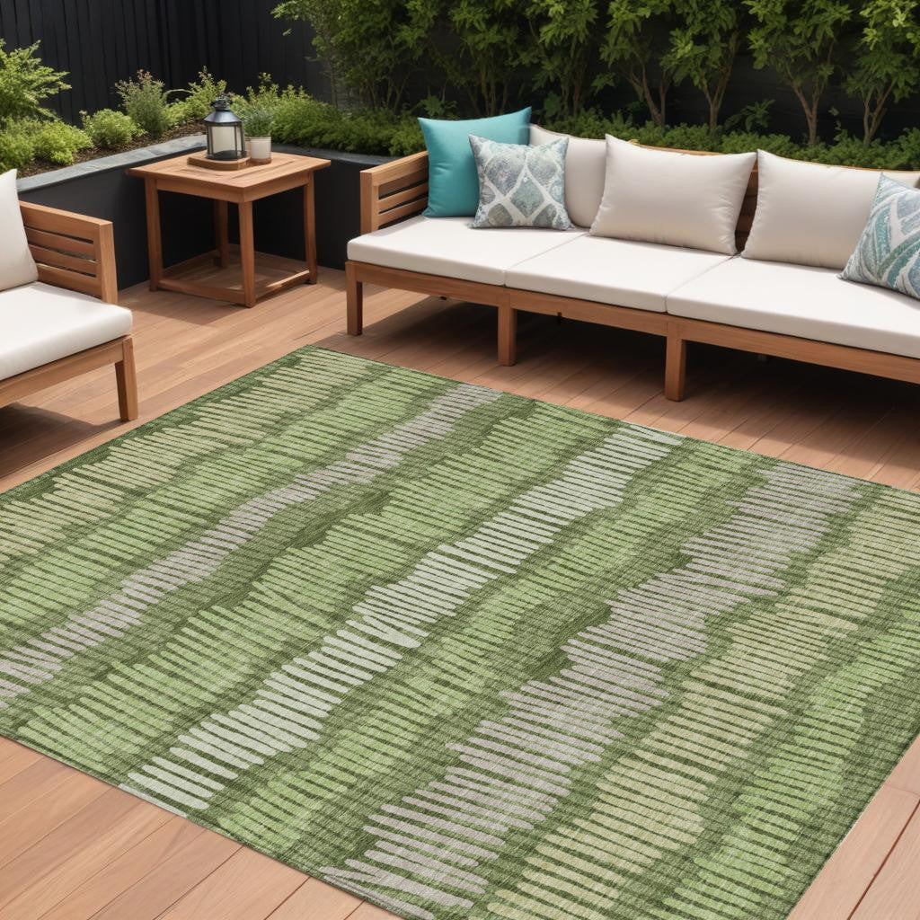 10 X 14 Olive Green And Gray Striped Washable Indoor Outdoor Area Rug