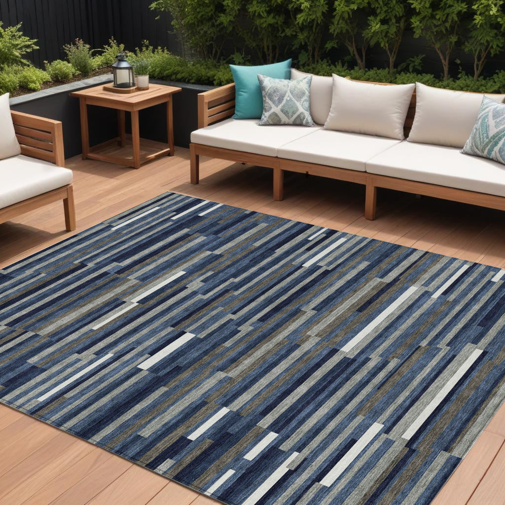 10 X 14 Navy Blue Striped Washable Indoor Outdoor Area Rug