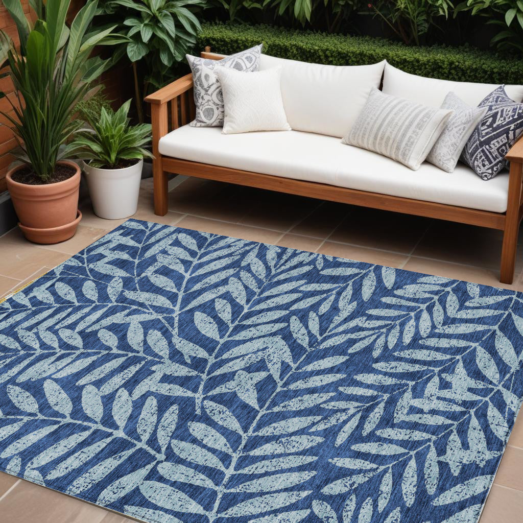 8 X 10 Navy Blue And Light Blue Floral Washable Indoor Outdoor Area Rug