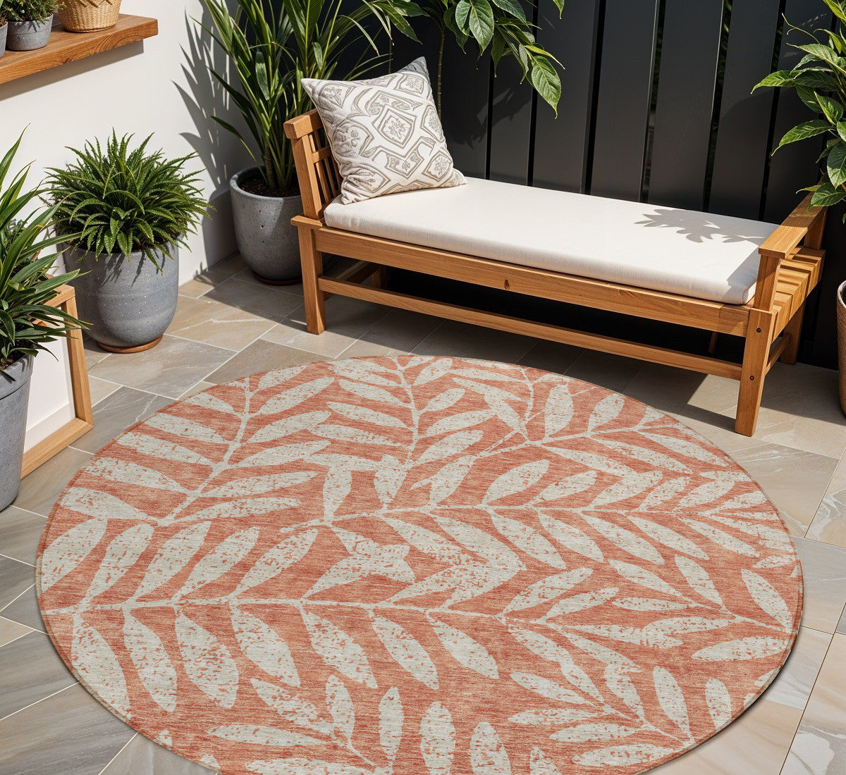 8 Salmon And Gray Round Floral Washable Indoor Outdoor Area Rug