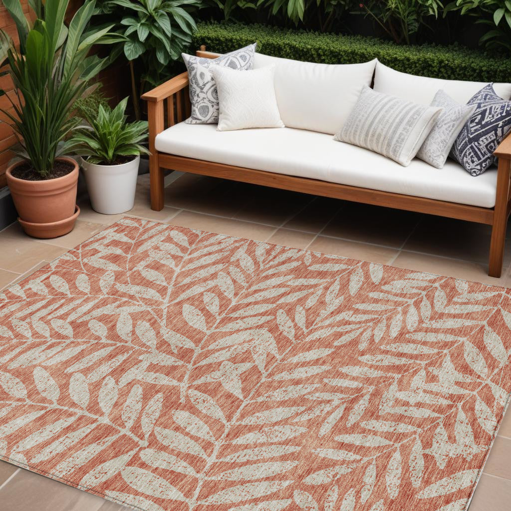 8 X 10 Salmon And Gray Floral Washable Indoor Outdoor Area Rug