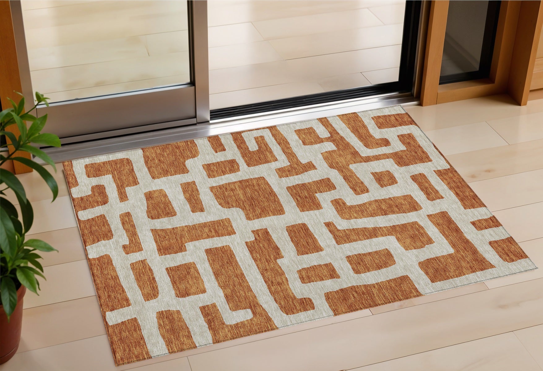 3 X 5 Terra Cotta And Gray Abstract Washable Indoor Outdoor Area Rug