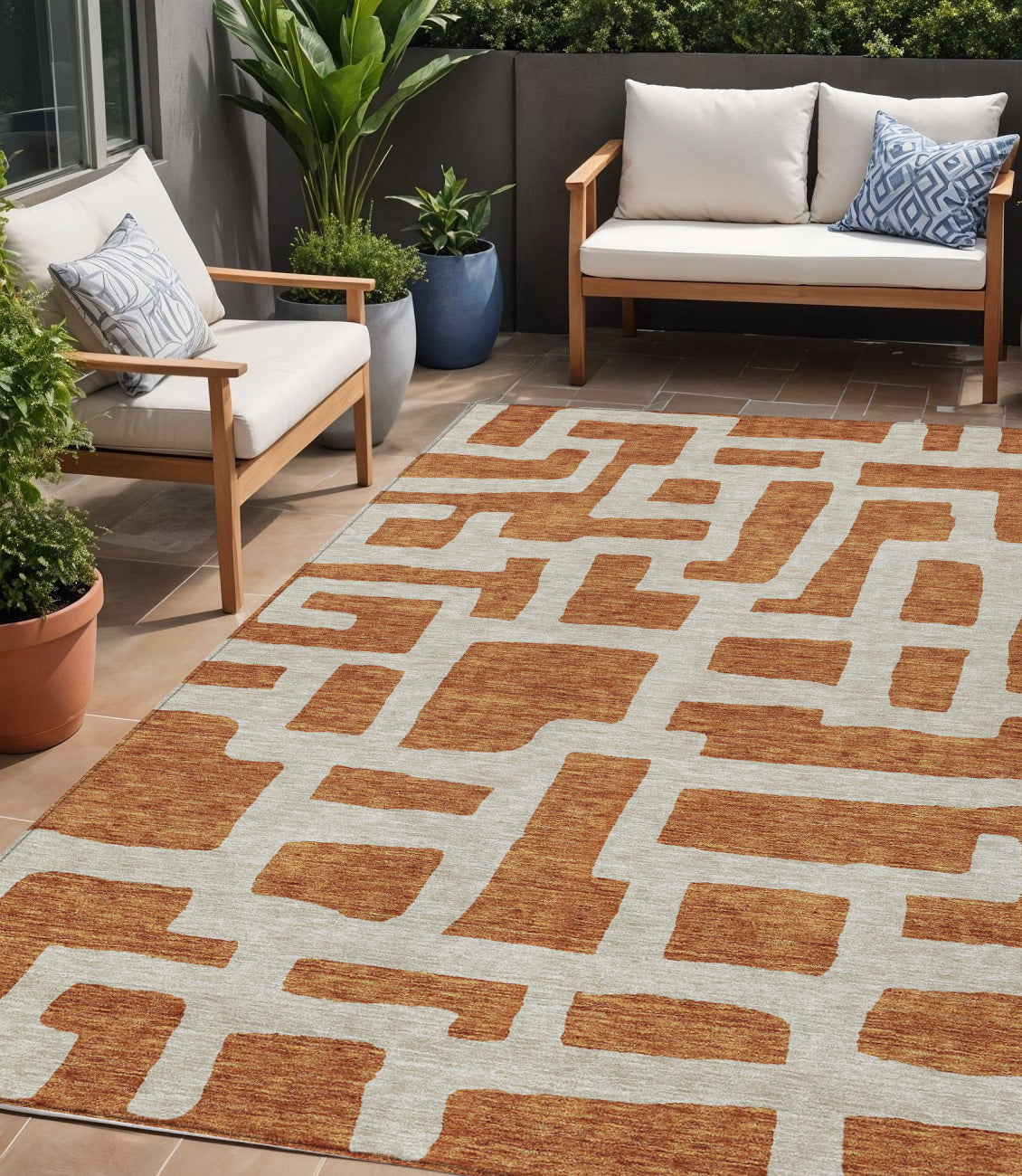 5 X 8 Terra Cotta And Gray Abstract Washable Indoor Outdoor Area Rug