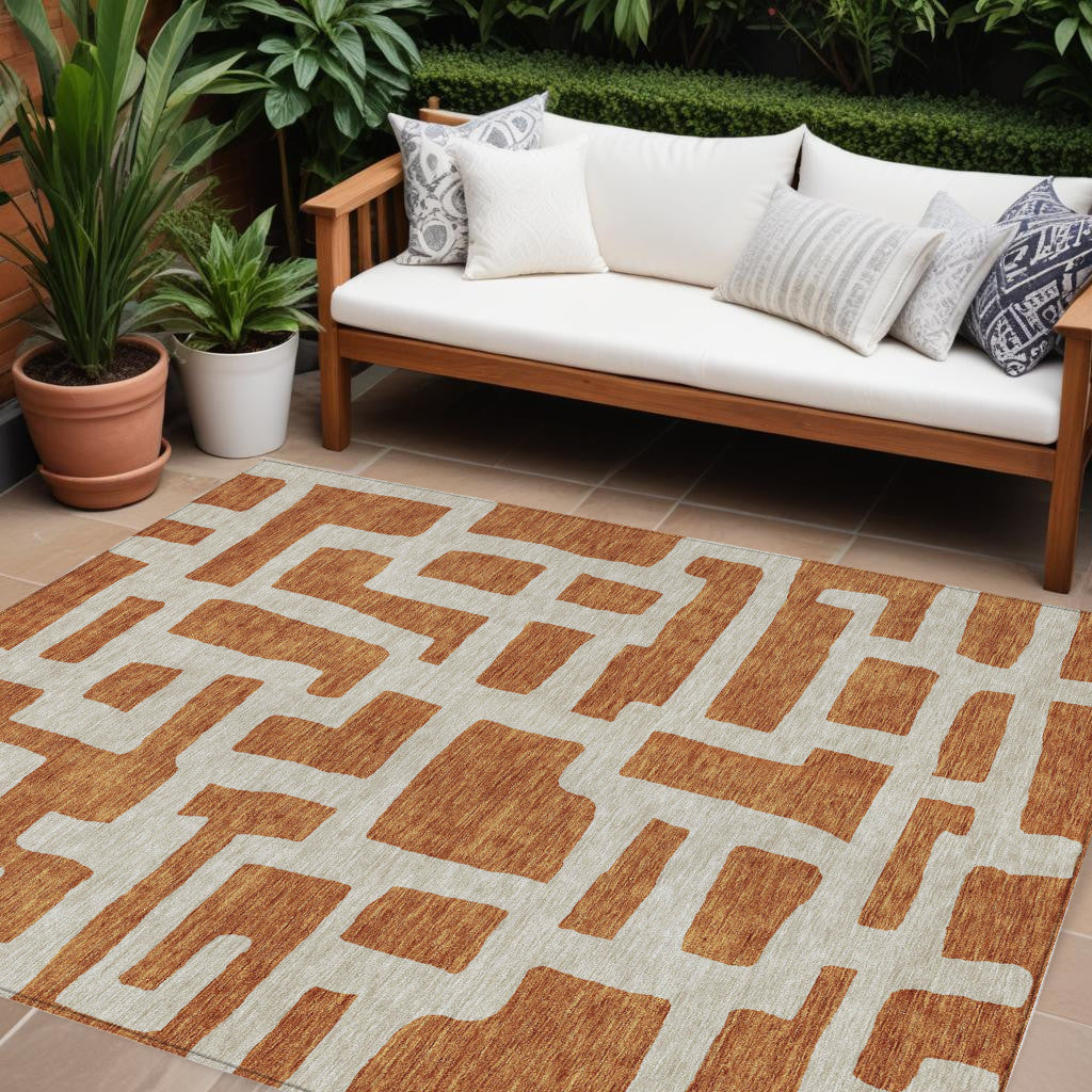 8 X 10 Terra Cotta And Gray Abstract Washable Indoor Outdoor Area Rug