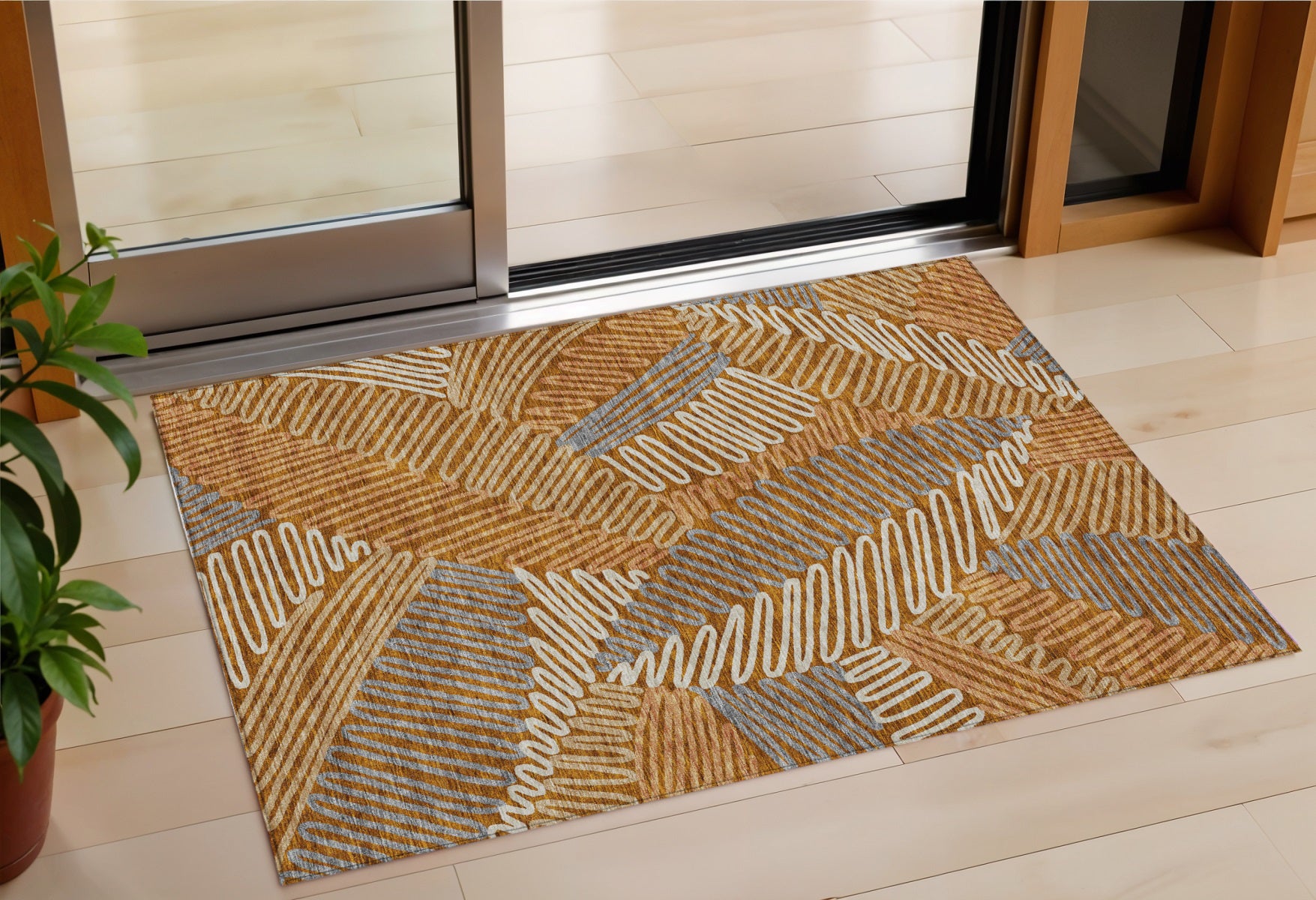 3 X 5 Orange Beige And Gray Floral Washable Indoor Outdoor Area Rug