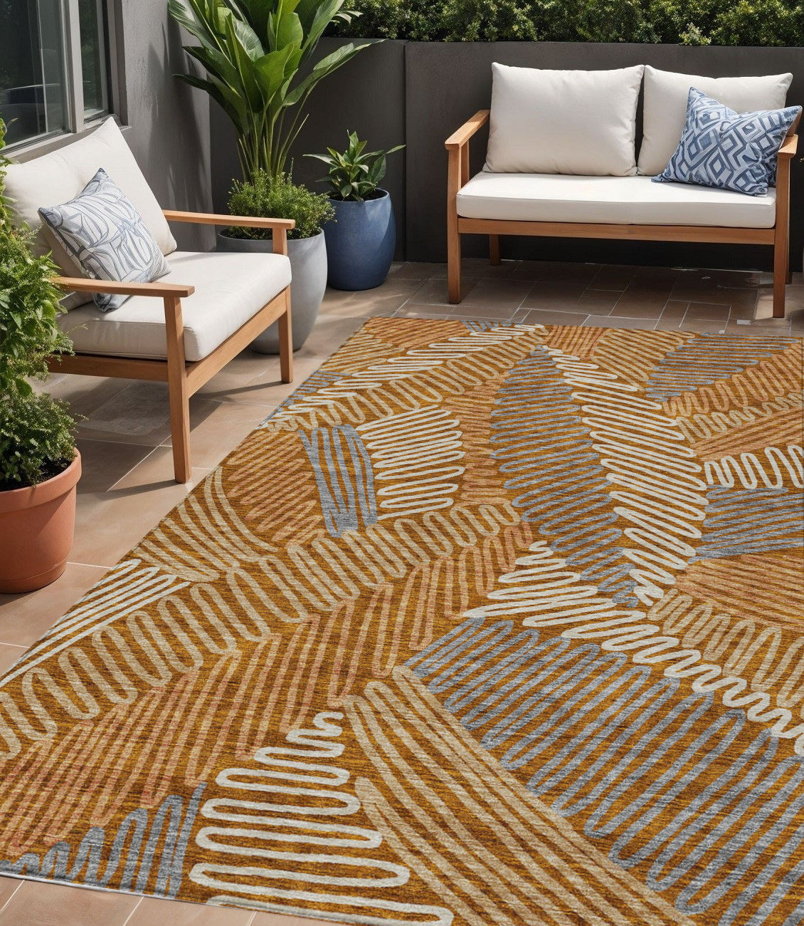 5 X 8 Orange Beige And Gray Floral Washable Indoor Outdoor Area Rug