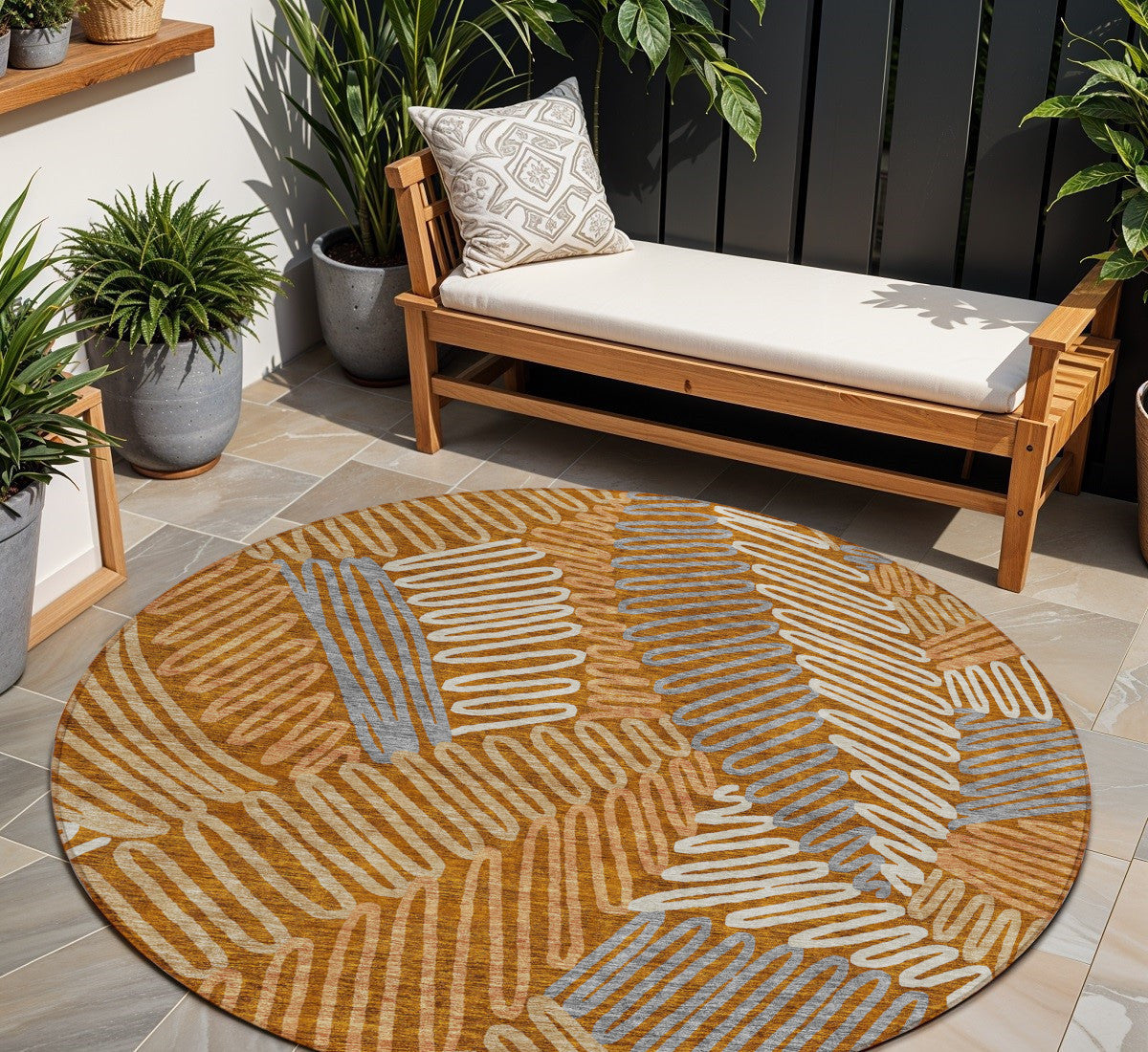 8 Orange Beige And Gray Round Floral Washable Indoor Outdoor Area Rug