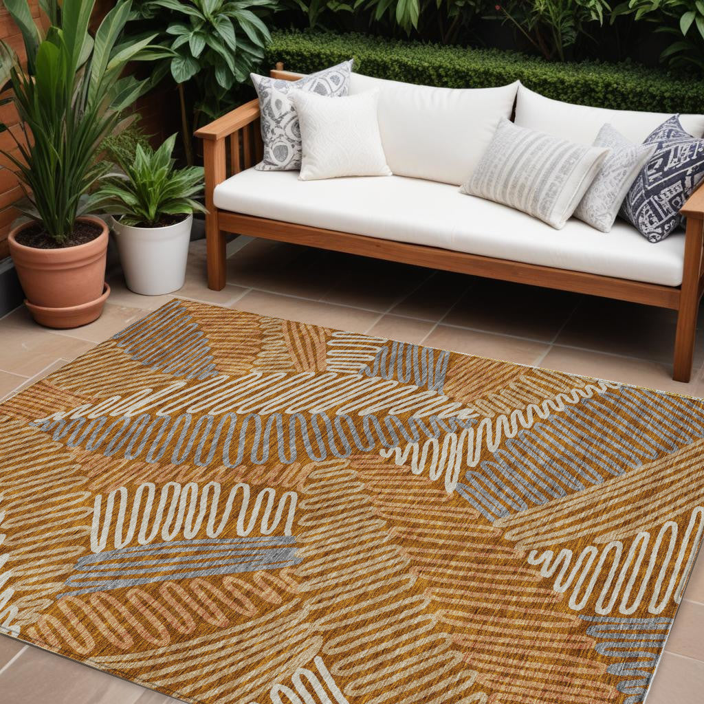 10 X 14 Orange Beige And Gray Floral Washable Indoor Outdoor Area Rug