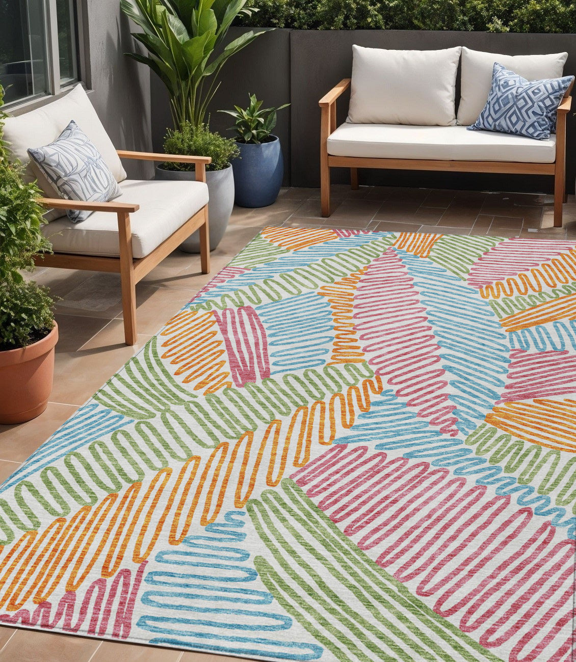 5 X 8 Blue Green And Pink Floral Washable Indoor Outdoor Area Rug
