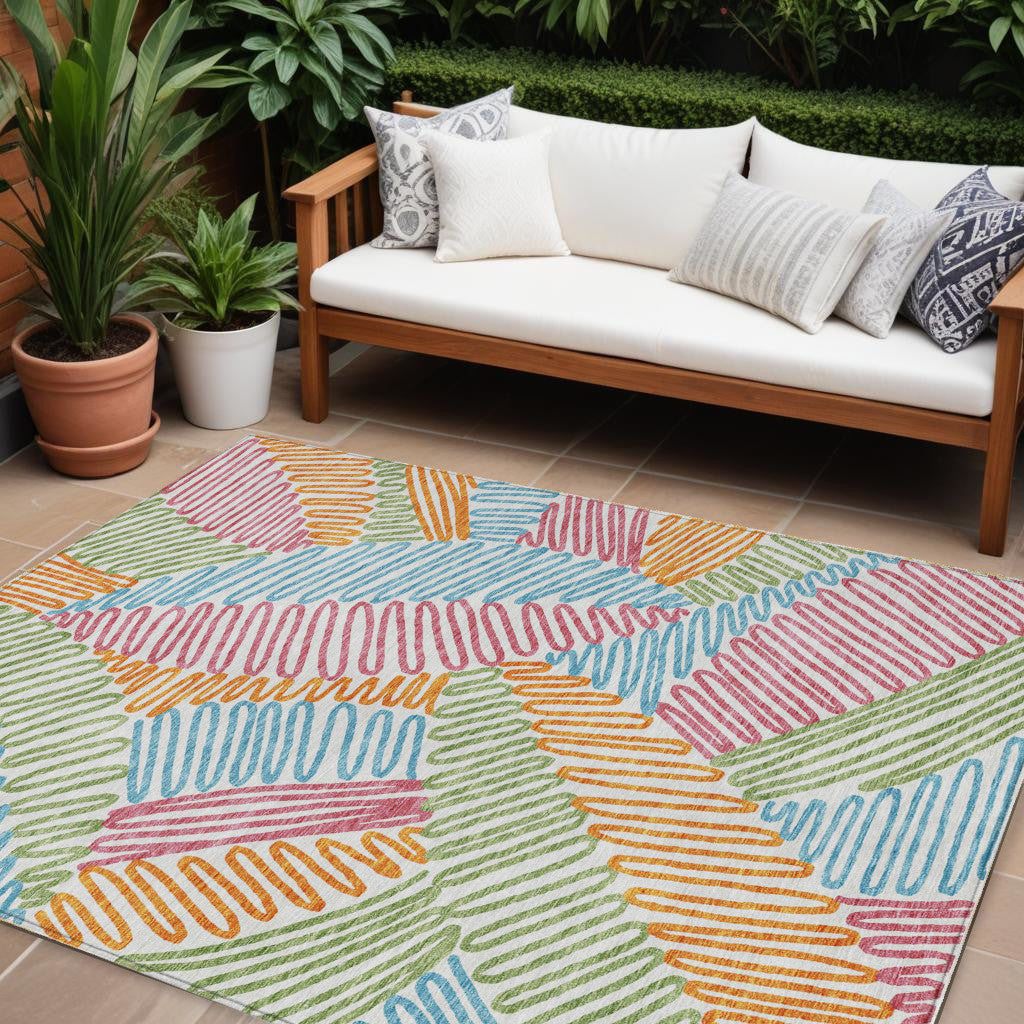 10 X 14 Blue Green And Pink Floral Washable Indoor Outdoor Area Rug