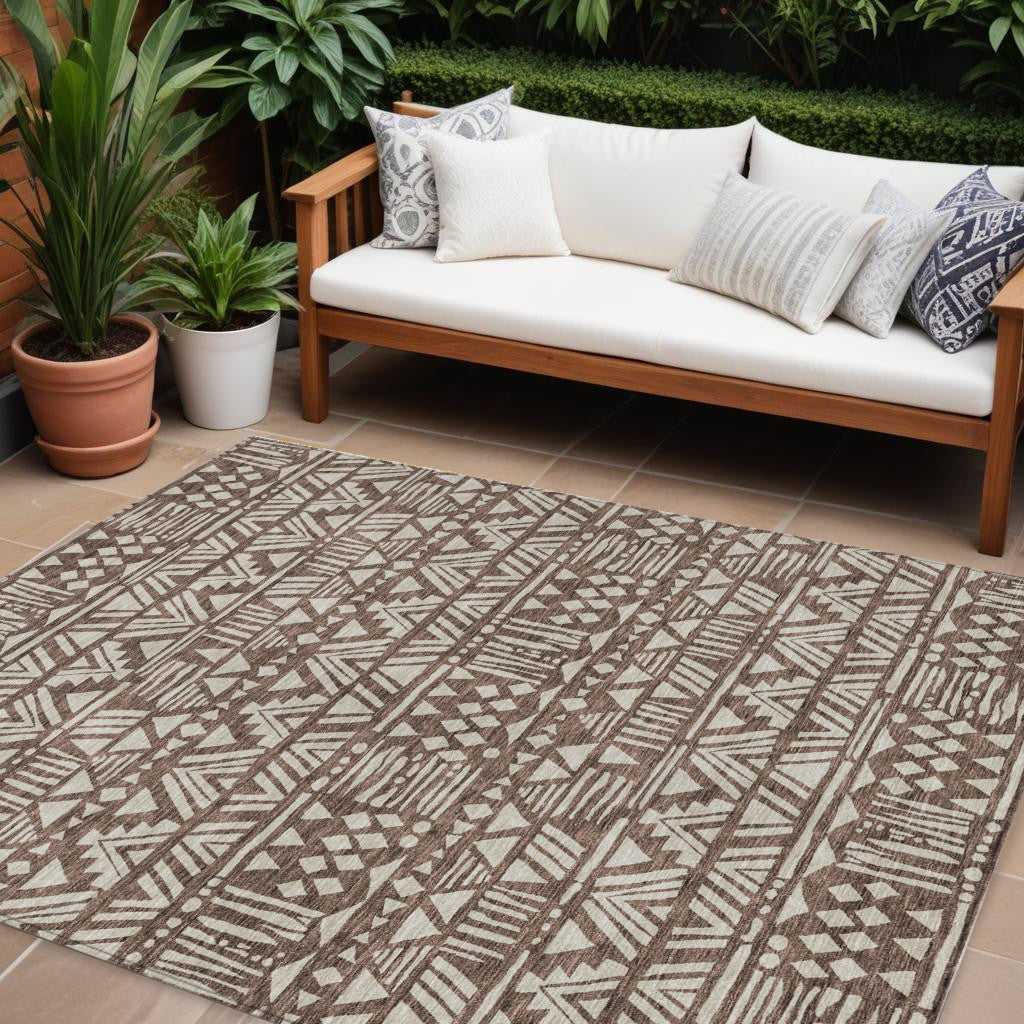 10 X 14 Brown And Beige Southwestern Washable Indoor Outdoor Area Rug