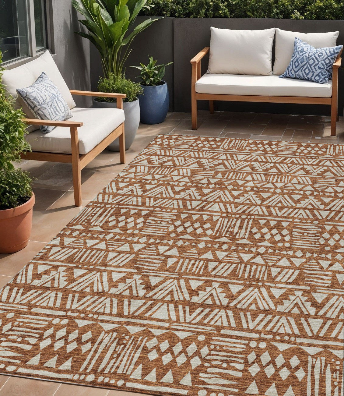 5 X 8 Terra Cotta And Beige Southwestern Washable Indoor Outdoor Area Rug