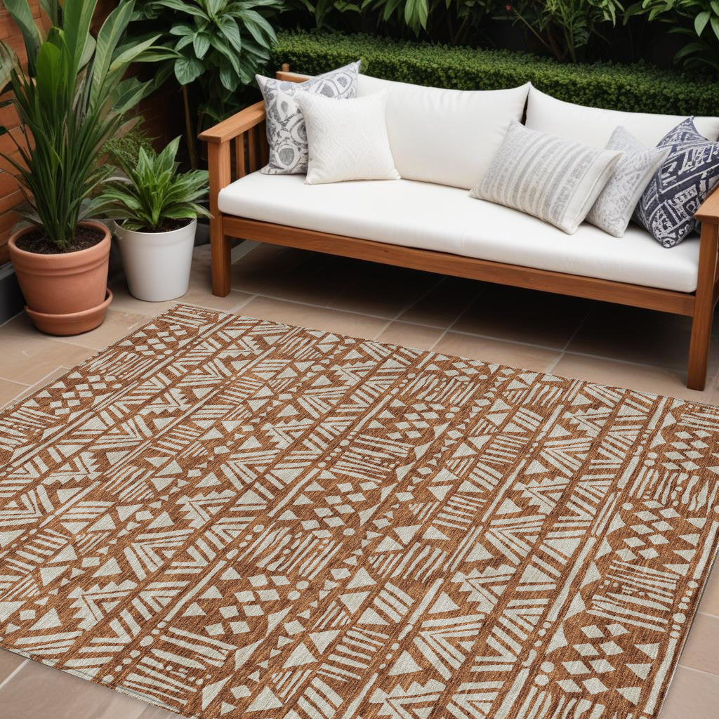 10 X 14 Terra Cotta And Beige Southwestern Washable Indoor Outdoor Area Rug