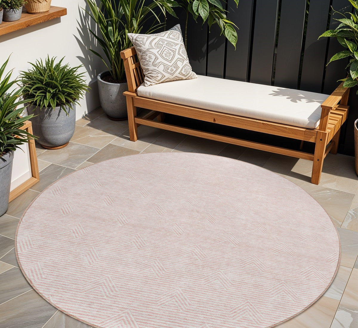 8 Pink And Gray Round Geometric Washable Indoor Outdoor Area Rug