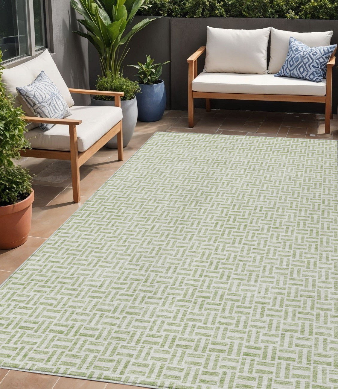 5 X 8 Artichoke Green And Gray Geometric Washable Indoor Outdoor Area Rug