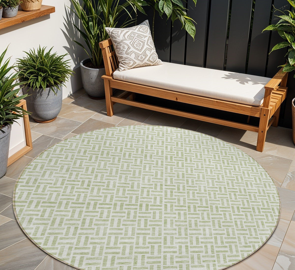 8 Artichoke Green And Gray Round Geometric Washable Indoor Outdoor Area Rug