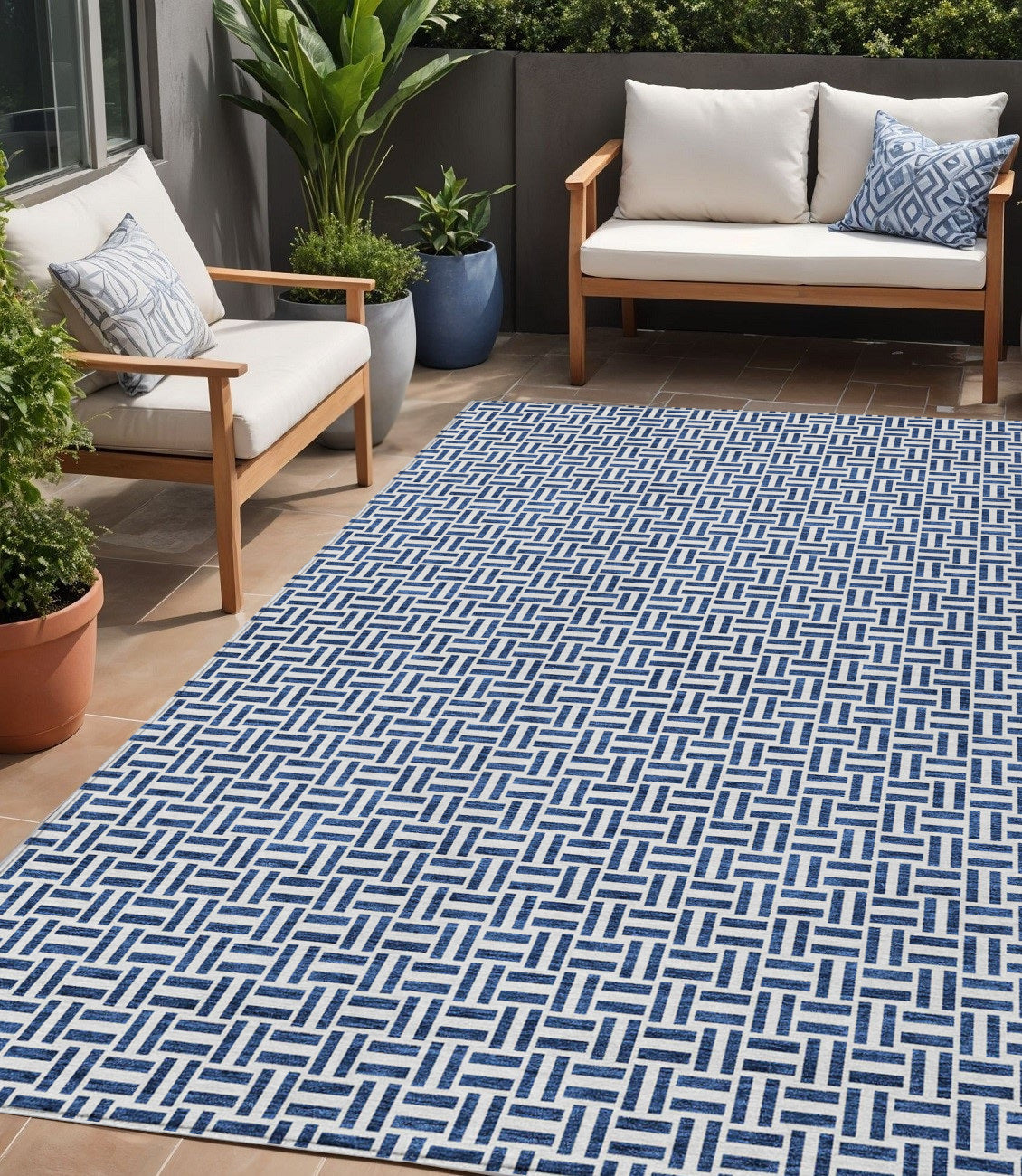 5 X 8 Navy Blue And Gray Geometric Washable Indoor Outdoor Area Rug