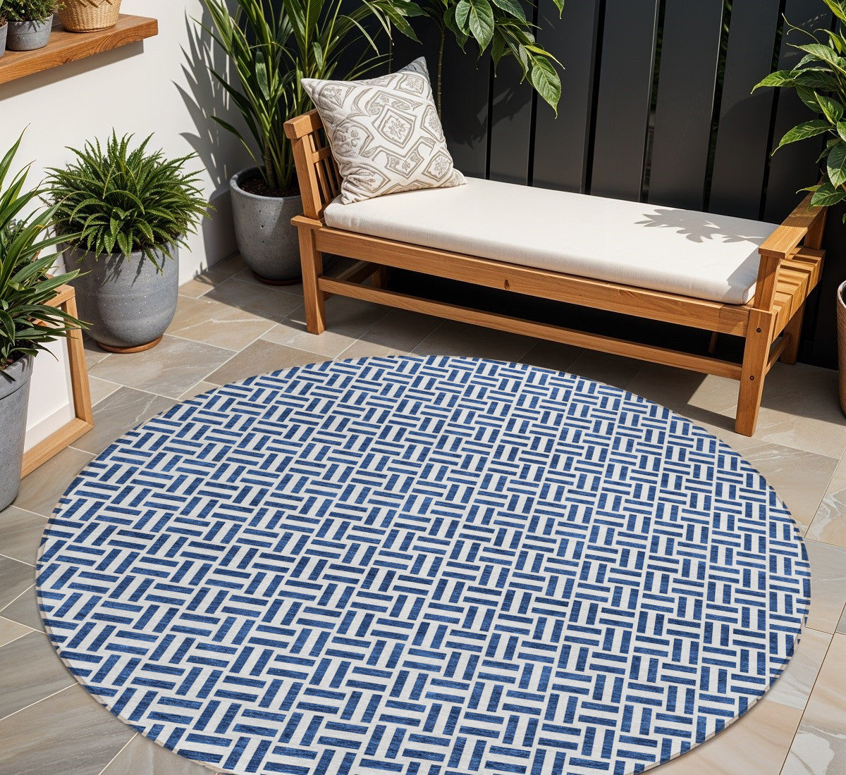 8 Navy Blue And Gray Round Geometric Washable Indoor Outdoor Area Rug