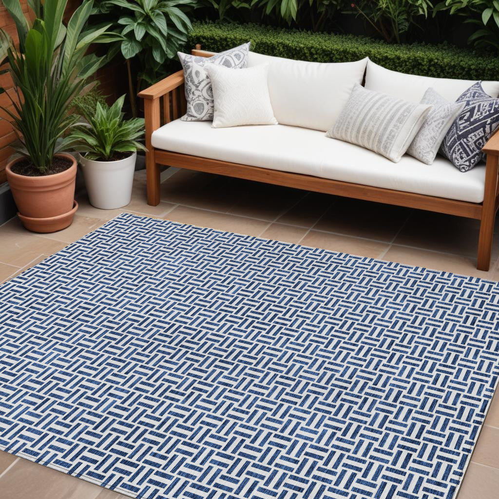 9 X 12 Navy Blue And Gray Geometric Washable Indoor Outdoor Area Rug