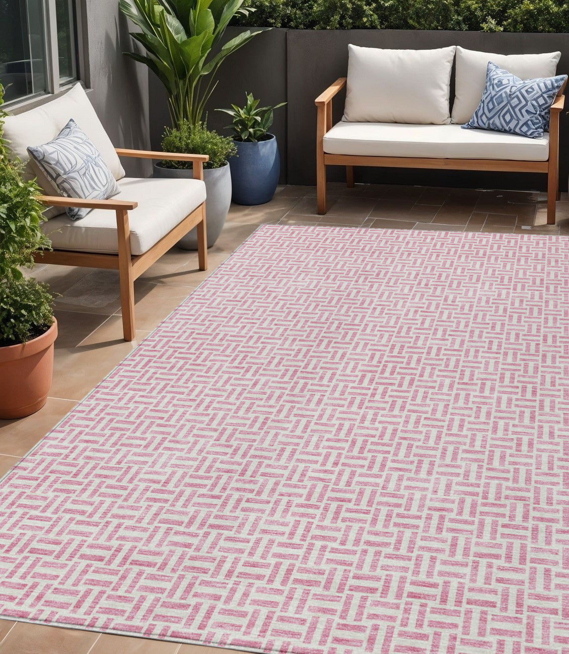 5 X 8 Pink And Silver Geometric Washable Indoor Outdoor Area Rug