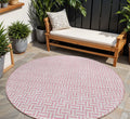 8 Pink And Silver Round Geometric Washable Indoor Outdoor Area Rug