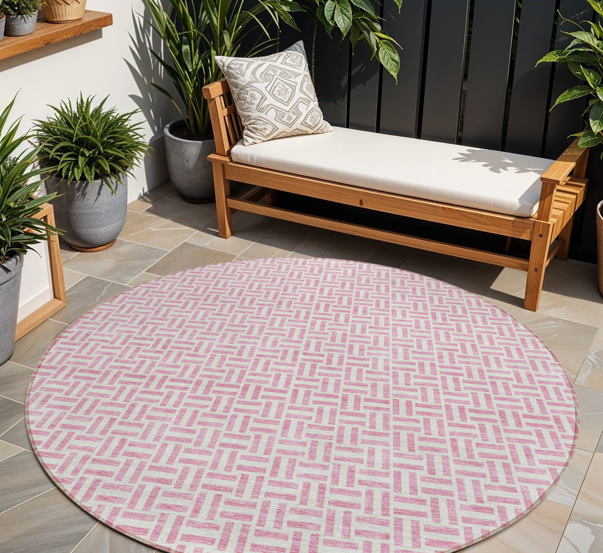 8 Pink And Silver Round Geometric Washable Indoor Outdoor Area Rug