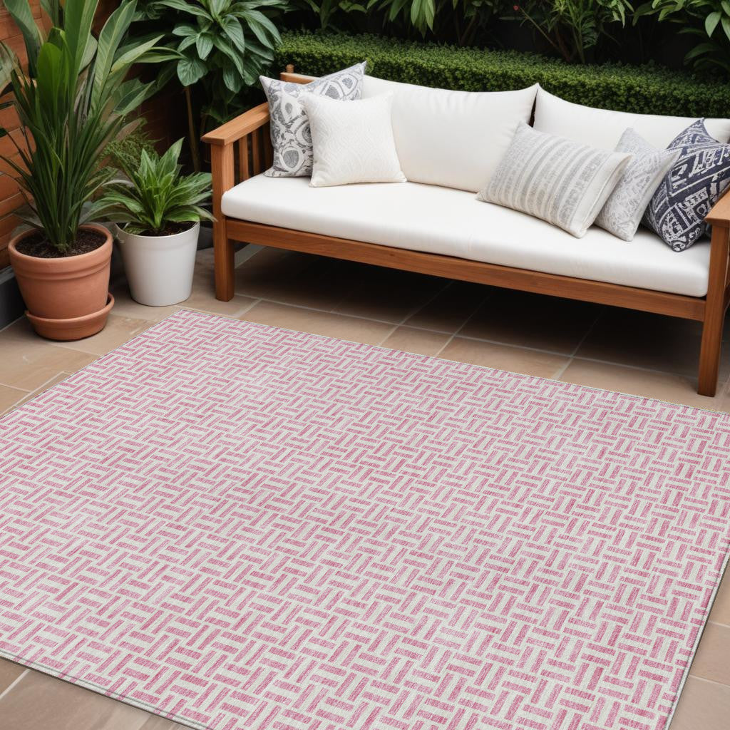 10 X 14 Pink And Silver Geometric Washable Indoor Outdoor Area Rug