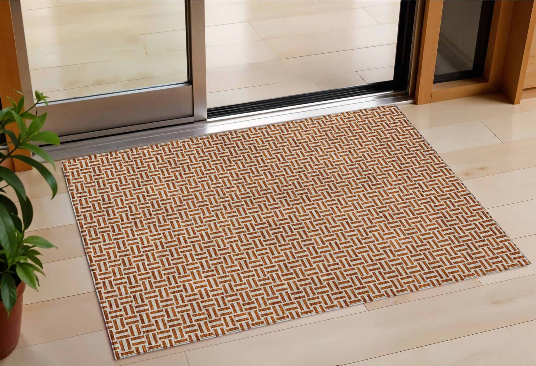 3 X 5 Copper And Beige Geometric Washable Indoor Outdoor Area Rug