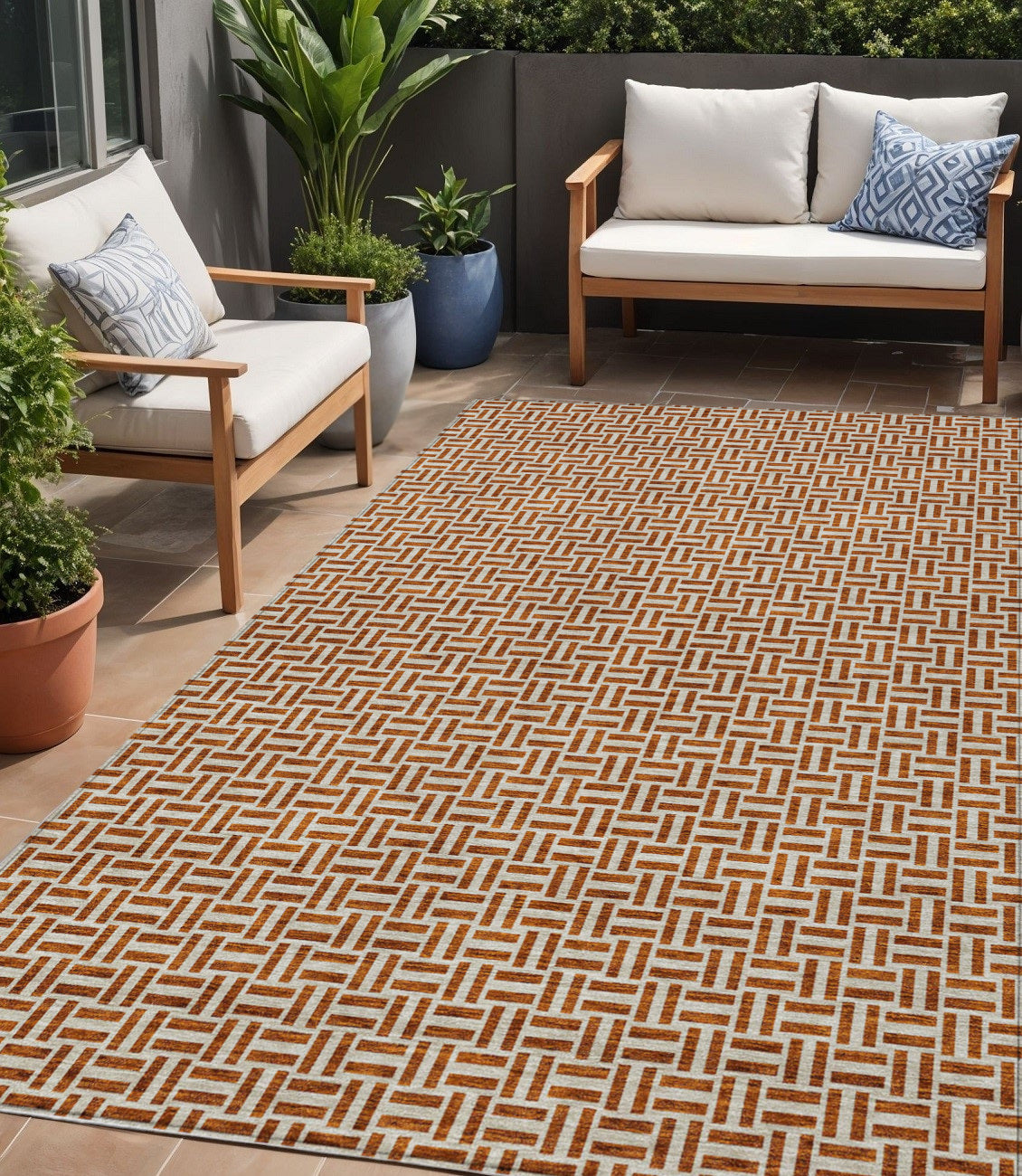 5 X 8 Copper And Beige Geometric Washable Indoor Outdoor Area Rug