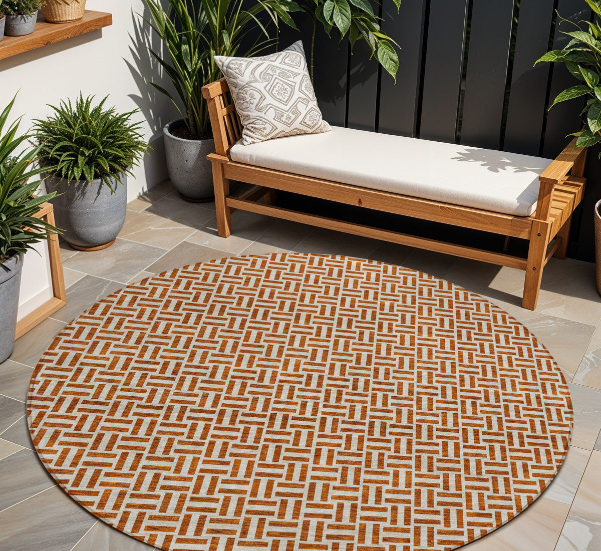 8 Copper And Beige Round Geometric Washable Indoor Outdoor Area Rug