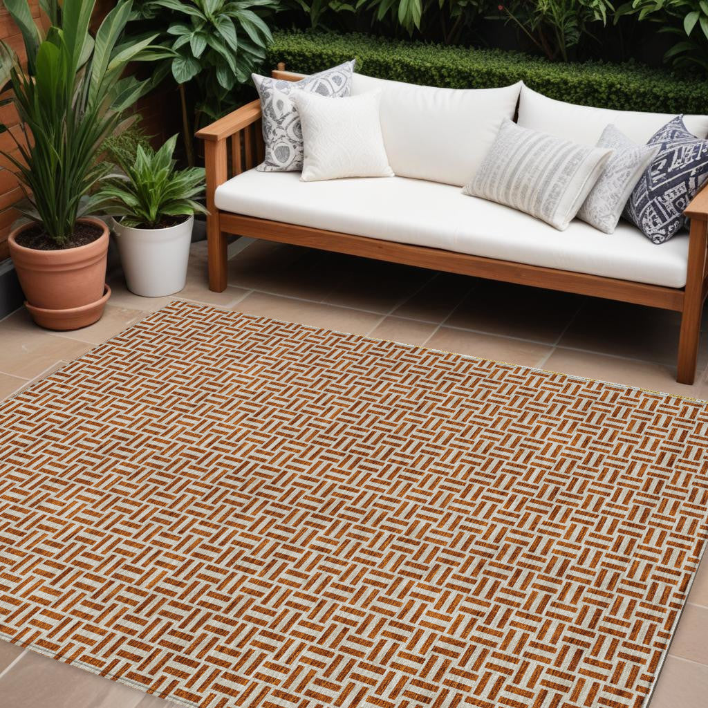 10 X 14 Copper And Beige Geometric Washable Indoor Outdoor Area Rug
