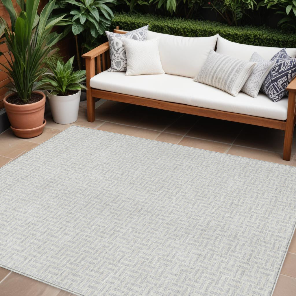 10 X 14 Silver And Gray Geometric Washable Indoor Outdoor Area Rug