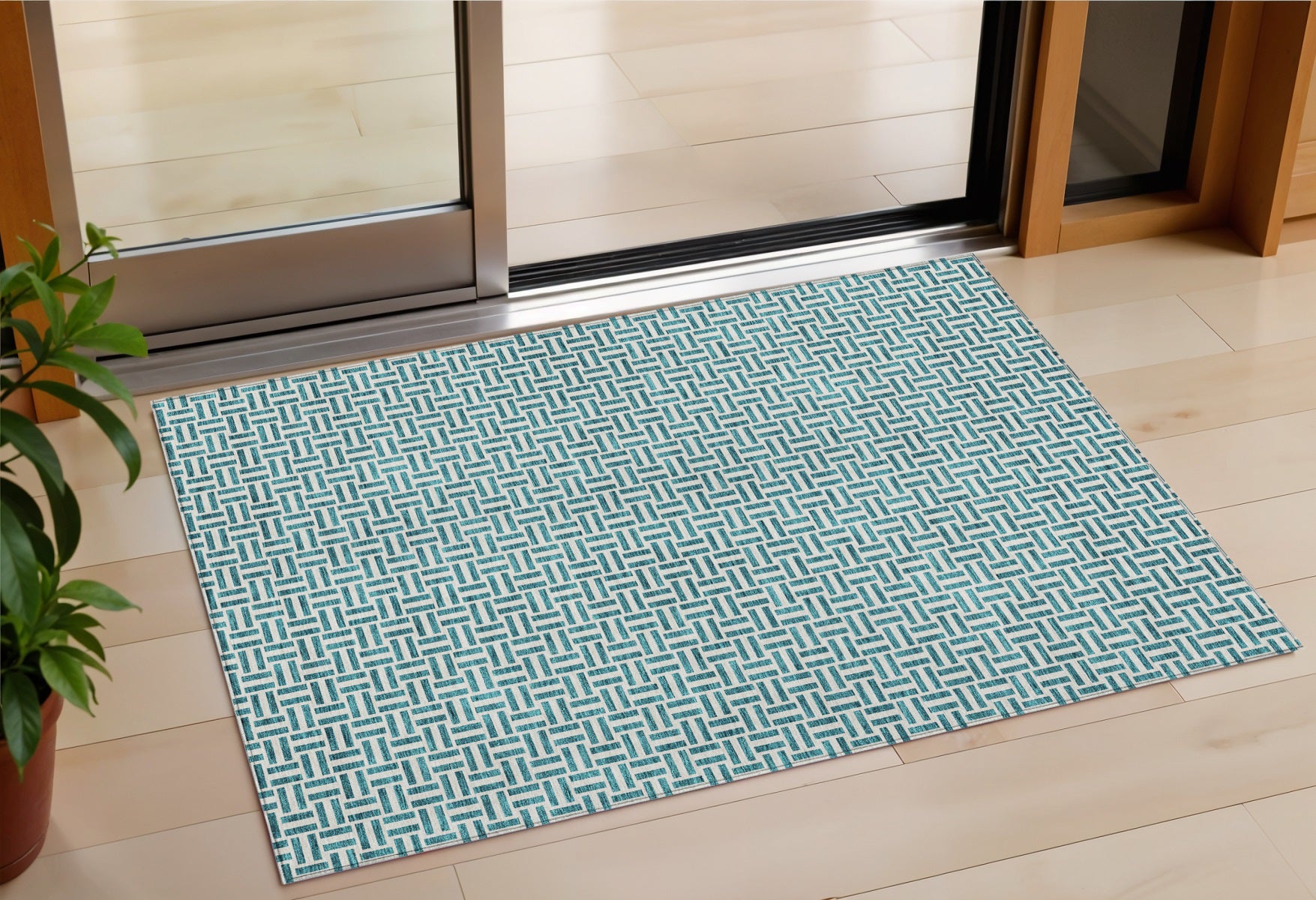 3 X 5 Teal Blue And Silver Geometric Washable Indoor Outdoor Area Rug