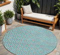 8 Teal Blue And Silver Round Geometric Washable Indoor Outdoor Area Rug