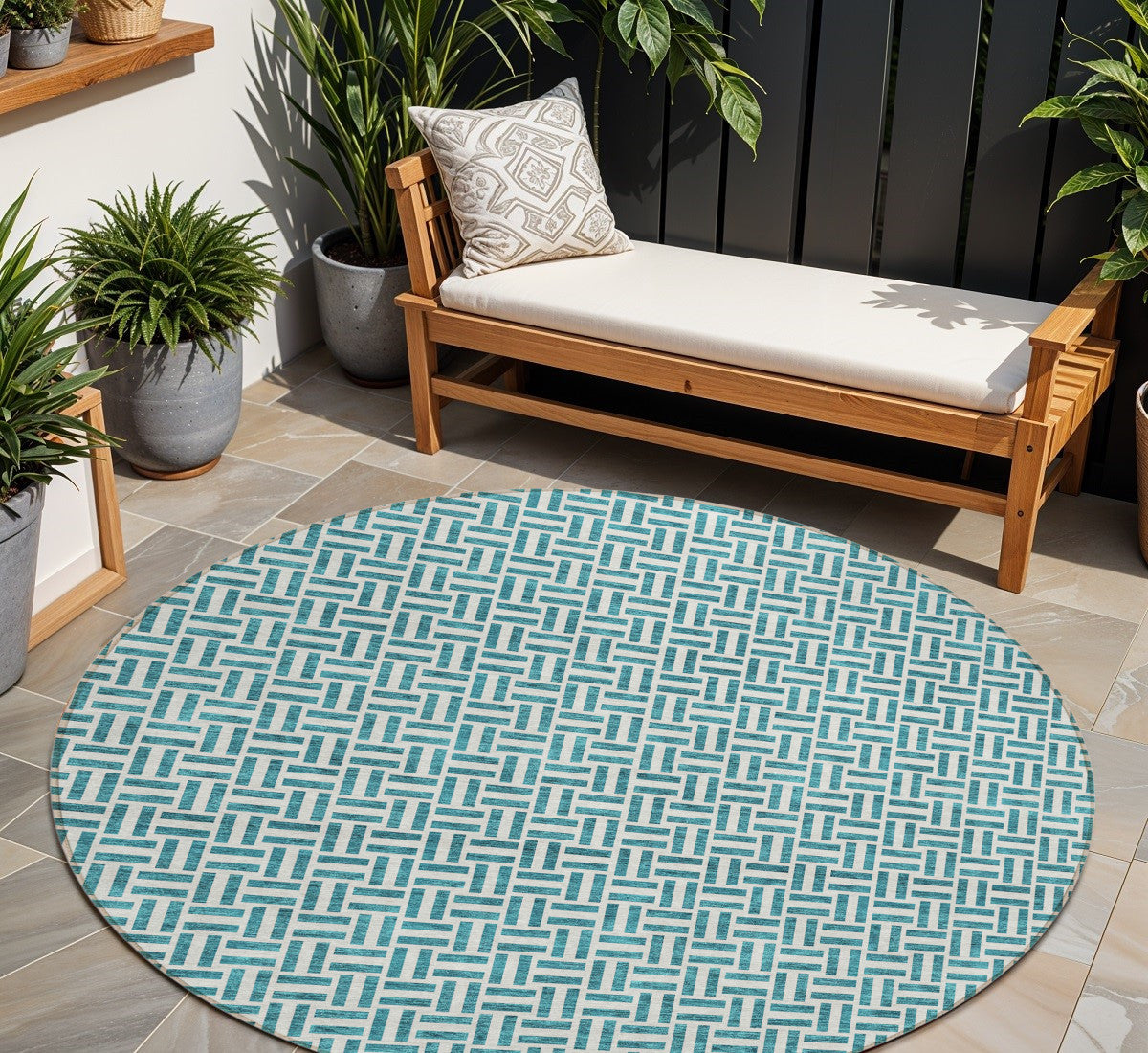 8 Teal Blue And Silver Round Geometric Washable Indoor Outdoor Area Rug