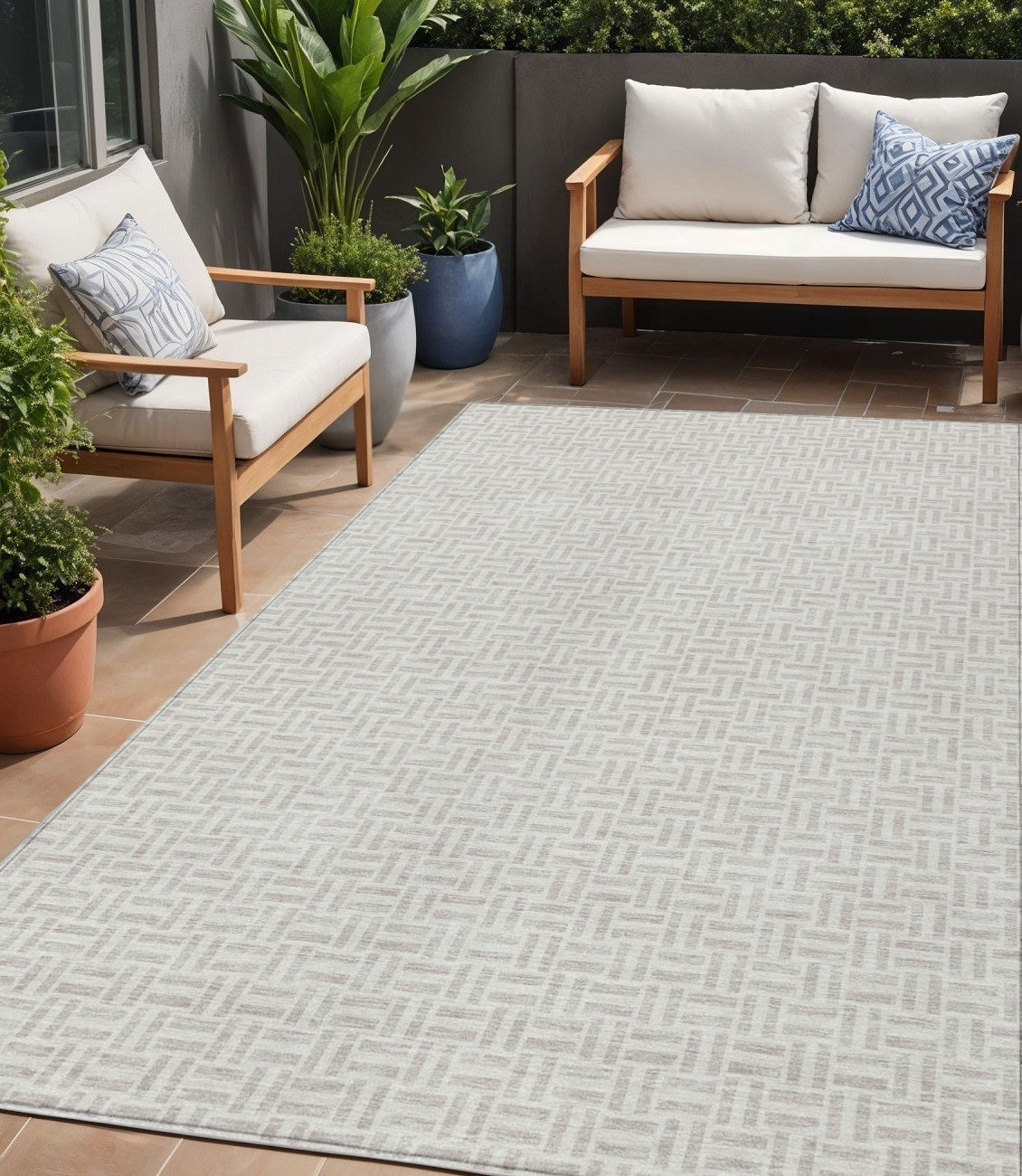 5 X 8 Taupe And Silver Geometric Washable Indoor Outdoor Area Rug