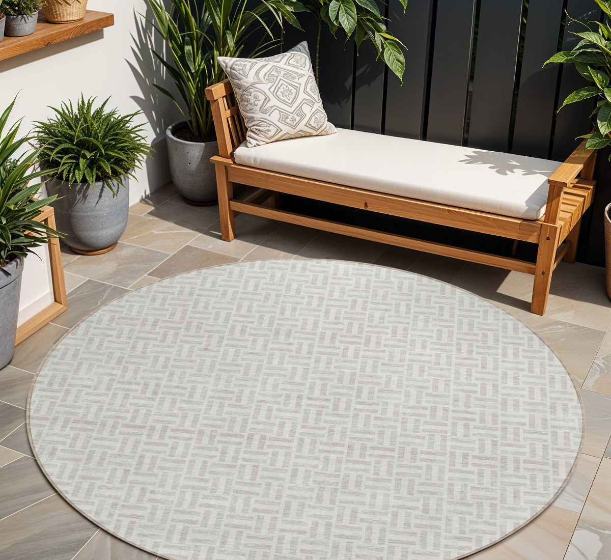 8 Taupe And Silver Round Geometric Washable Indoor Outdoor Area Rug