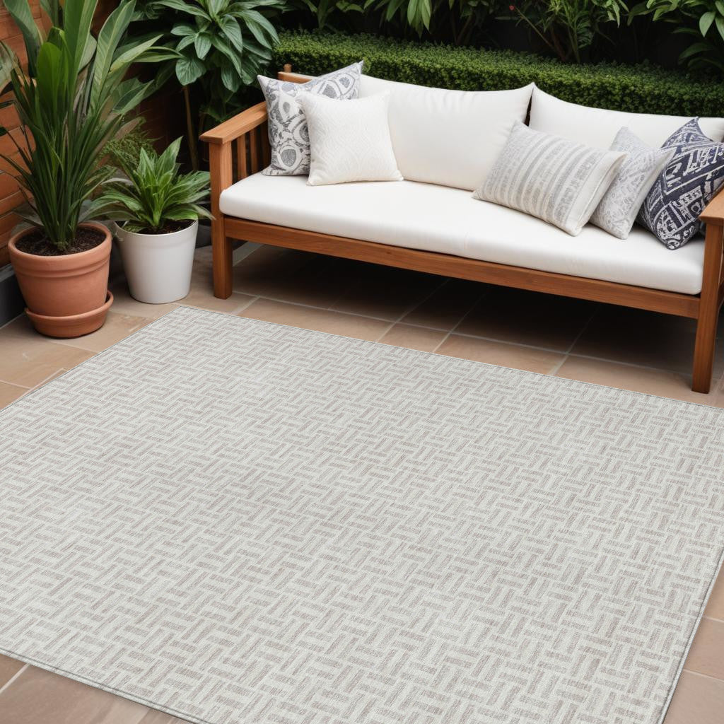 9 X 12 Taupe And Silver Geometric Washable Indoor Outdoor Area Rug