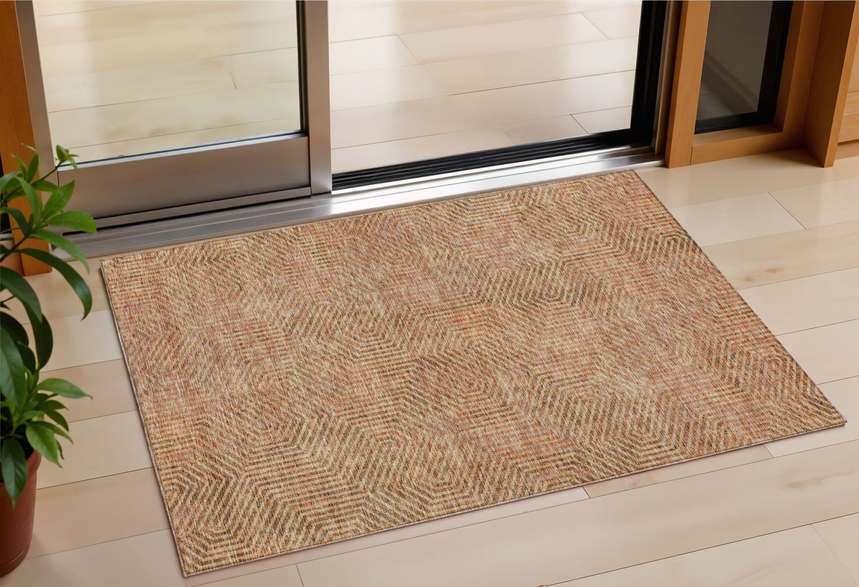 3 X 5 Copper Brown And Beige Geometric Washable Indoor Outdoor Area Rug