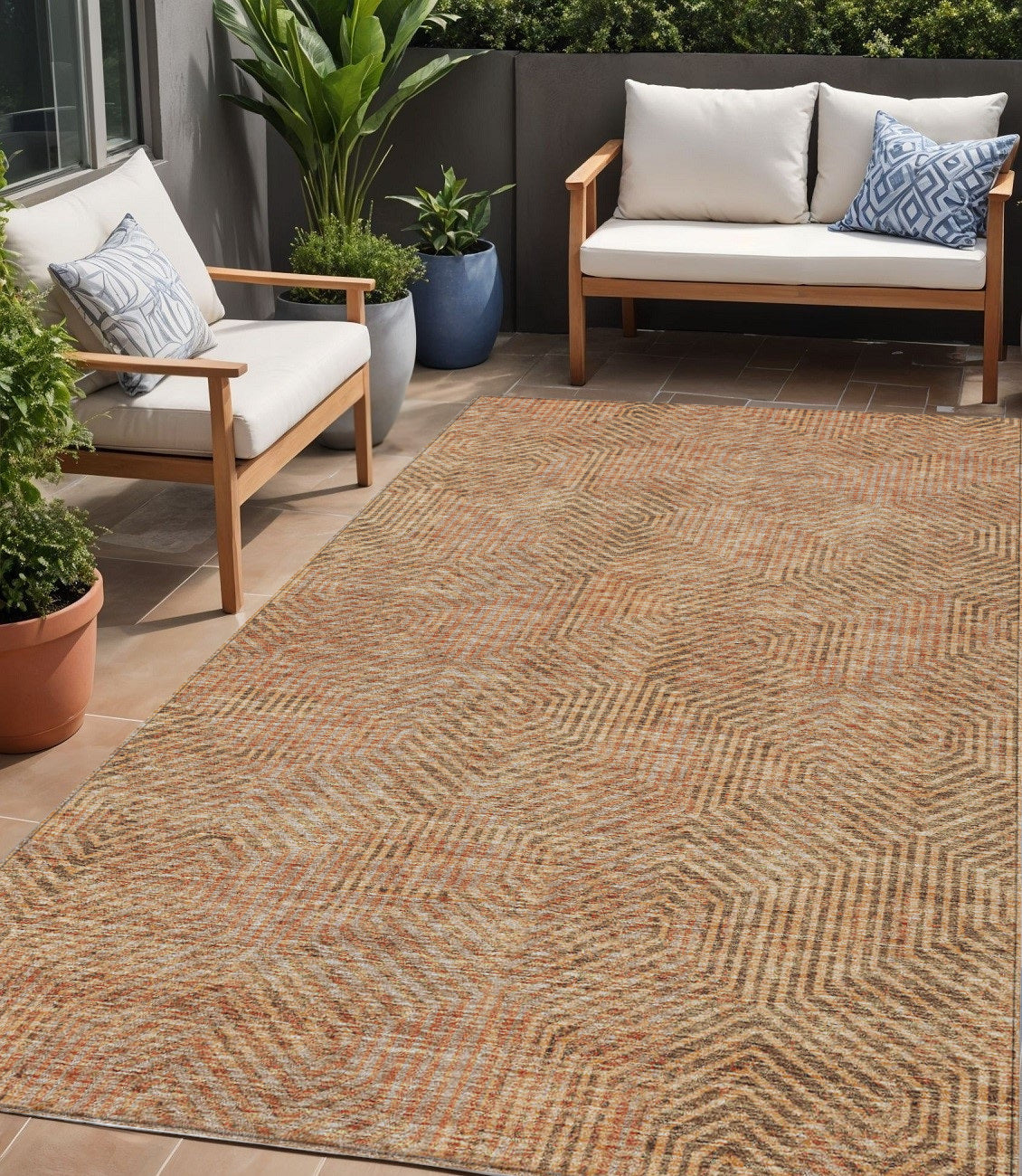 5 X 8 Copper Brown And Beige Geometric Washable Indoor Outdoor Area Rug