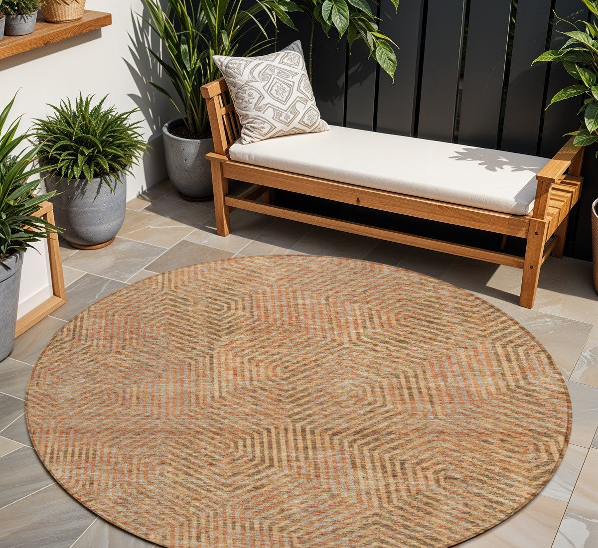 8 Copper Brown And Beige Round Geometric Washable Indoor Outdoor Area Rug