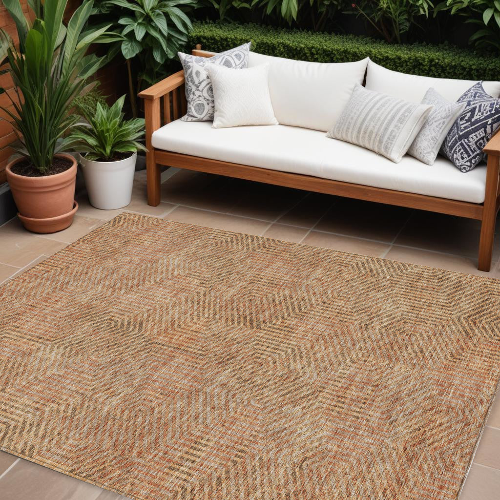 9 X 12 Copper Brown And Beige Geometric Washable Indoor Outdoor Area Rug