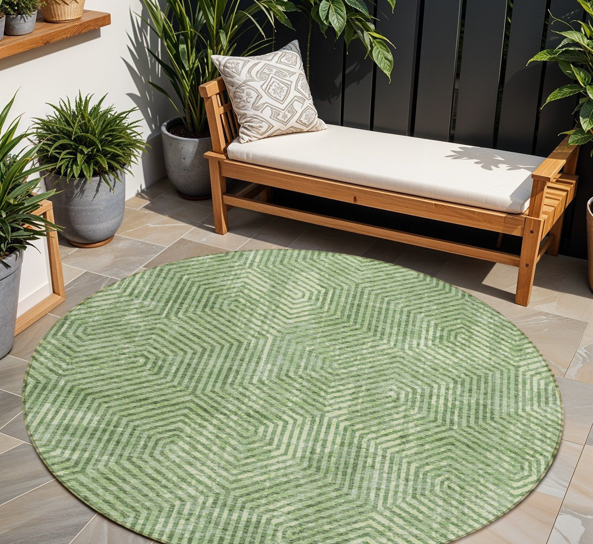 8 Green And Light Green Round Geometric Washable Indoor Outdoor Area Rug