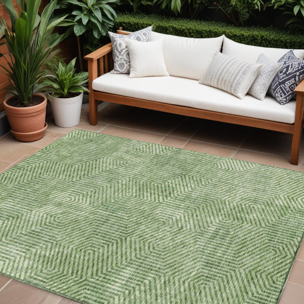 10 X 14 Green And Light Green Geometric Washable Indoor Outdoor Area Rug