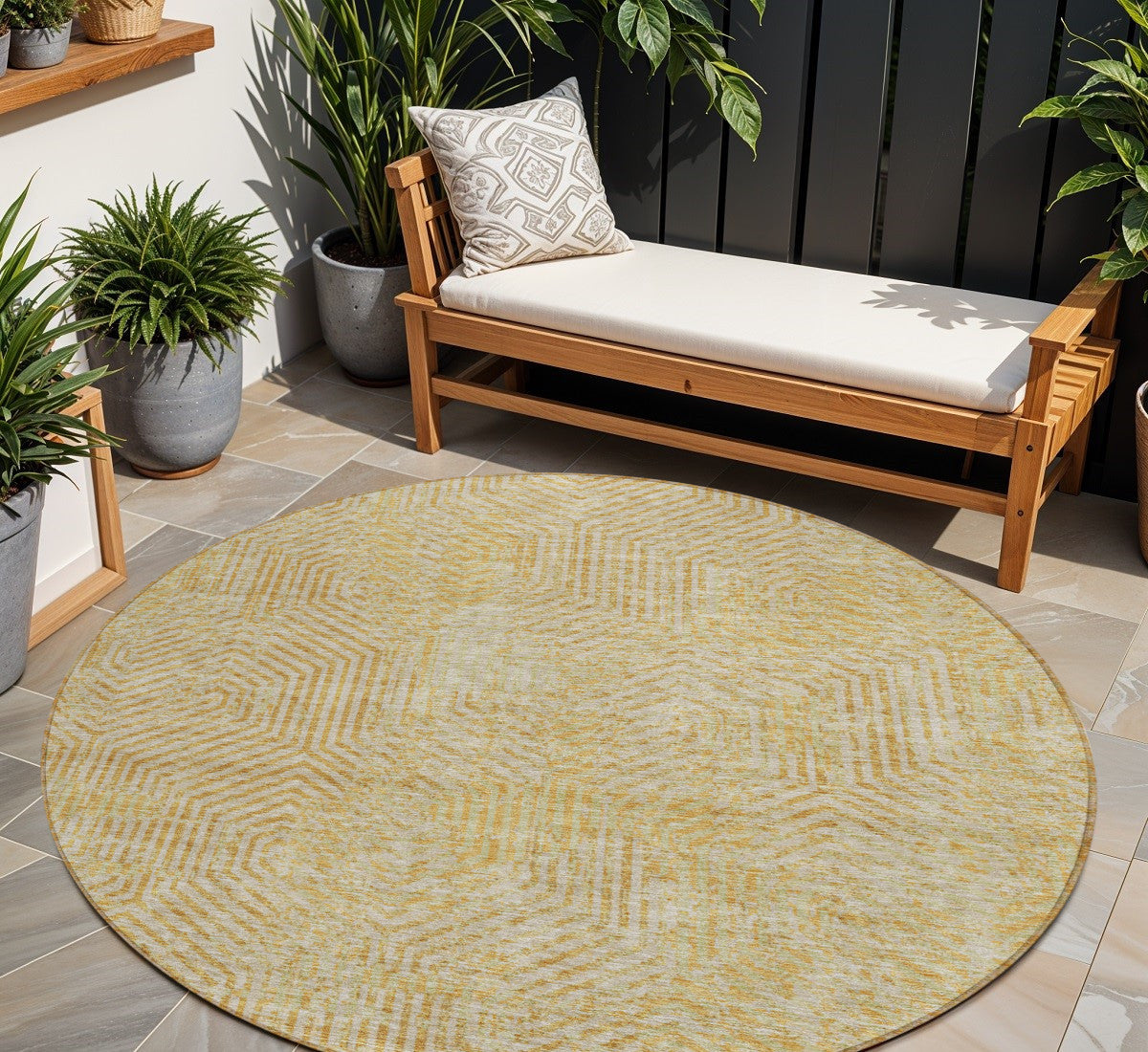 8 Gold And Beige Round Geometric Washable Indoor Outdoor Area Rug