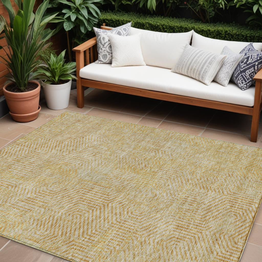 8 X 10 Gold And Beige Geometric Washable Indoor Outdoor Area Rug