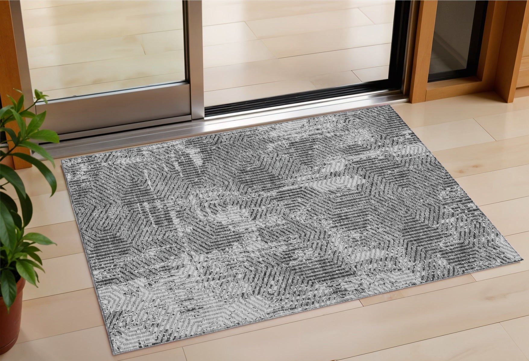 3 X 5 Gray And Charcoal Geometric Washable Indoor Outdoor Area Rug