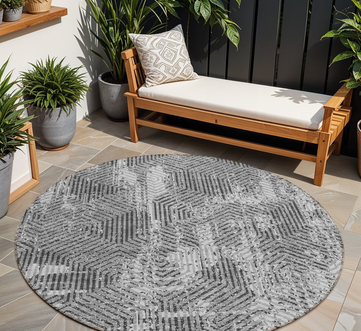 8 Gray And Charcoal Round Geometric Washable Indoor Outdoor Area Rug