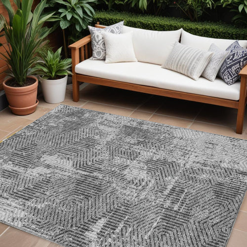 10 X 14 Gray And Charcoal Geometric Washable Indoor Outdoor Area Rug