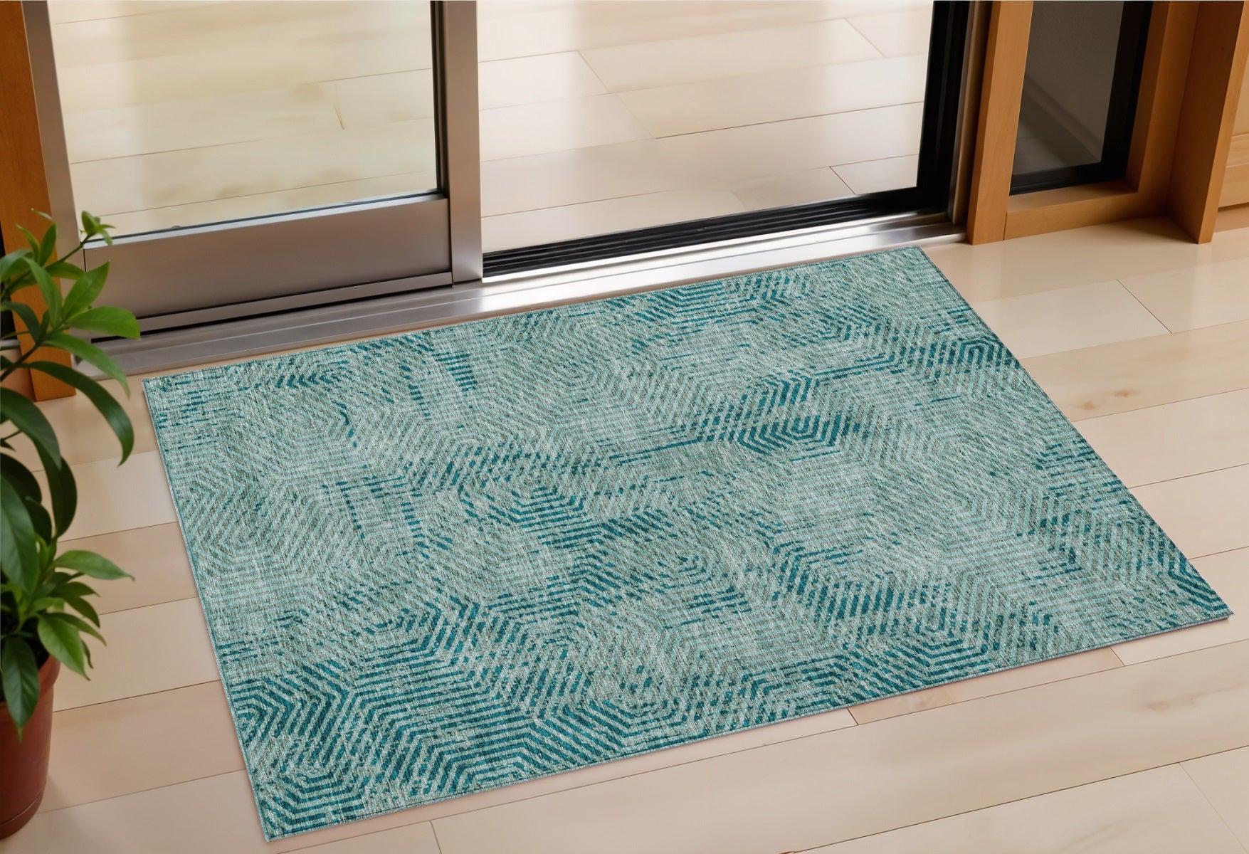 3 X 5 Teal Blue And Gray Geometric Washable Indoor Outdoor Area Rug